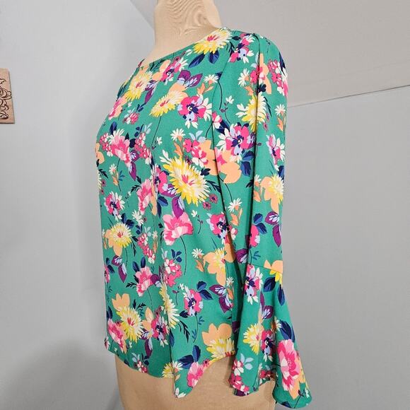 Floral Green Blouse 3/4 Bell Sleeve Womens Small Bloomcore Spring Summer Popover - Picture 4 of 14